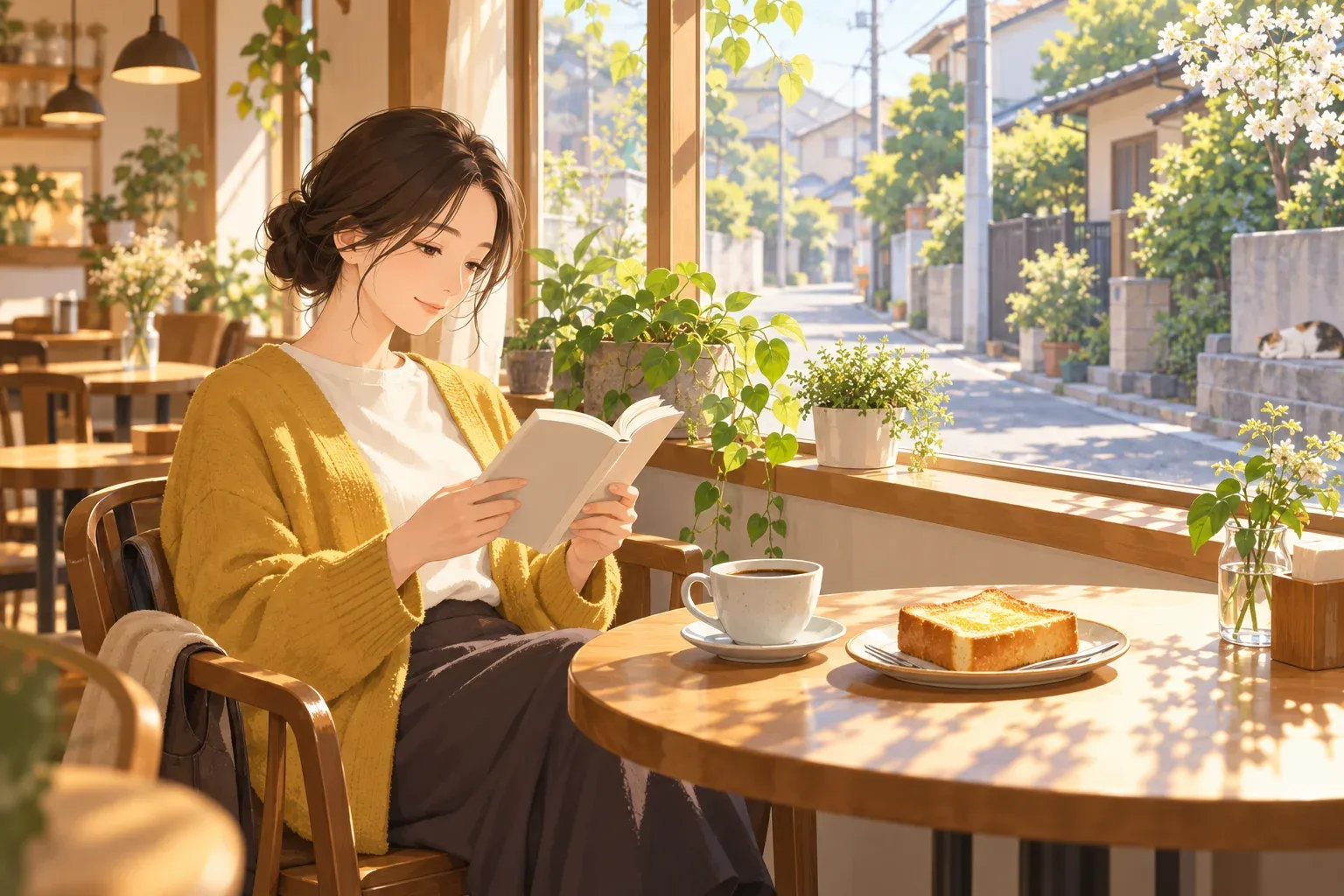 窓際の席で、本を読みながらコーヒーとトーストを楽しむお客さんのイラスト