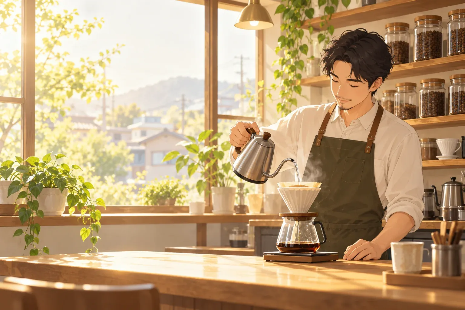 朝の光が入る店内で、店主がハンドドリップでコーヒーを淹れているイラスト