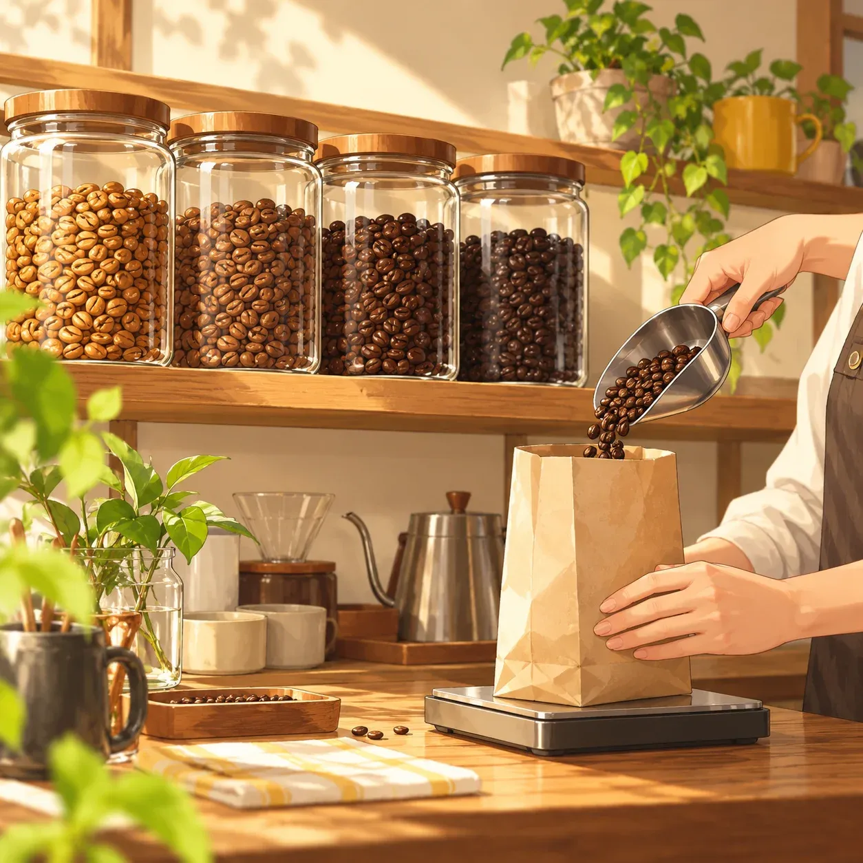 焙煎度の違うコーヒー豆が入ったガラス瓶と、紙袋に豆を移すスコップのイラスト