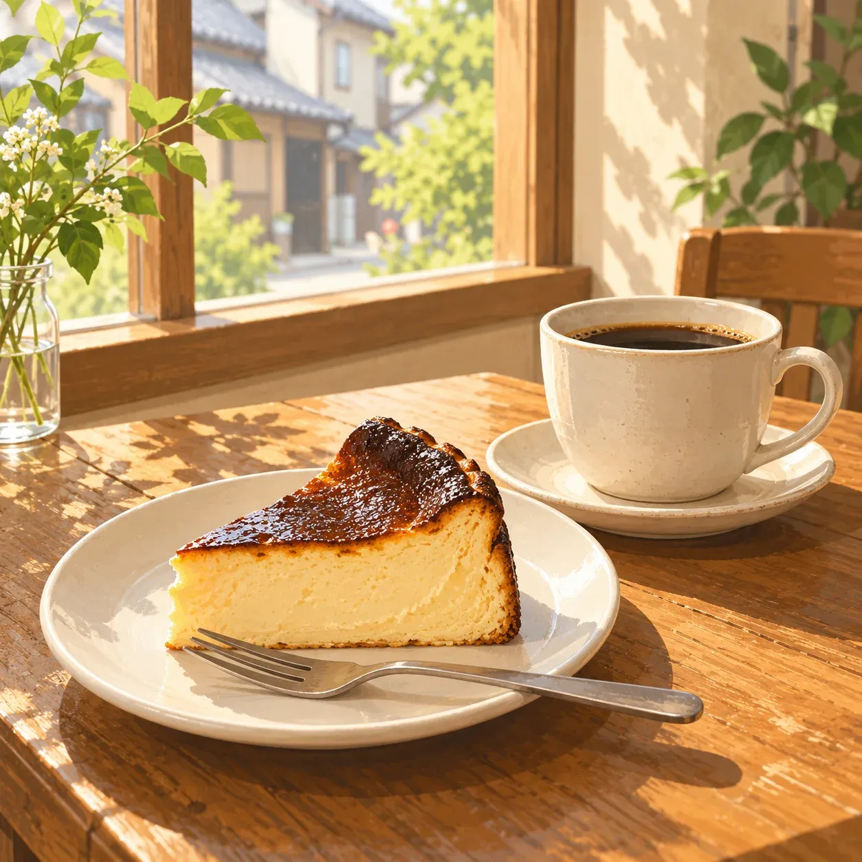 焦げ目のついたバスクチーズケーキとブラックコーヒーのイラスト