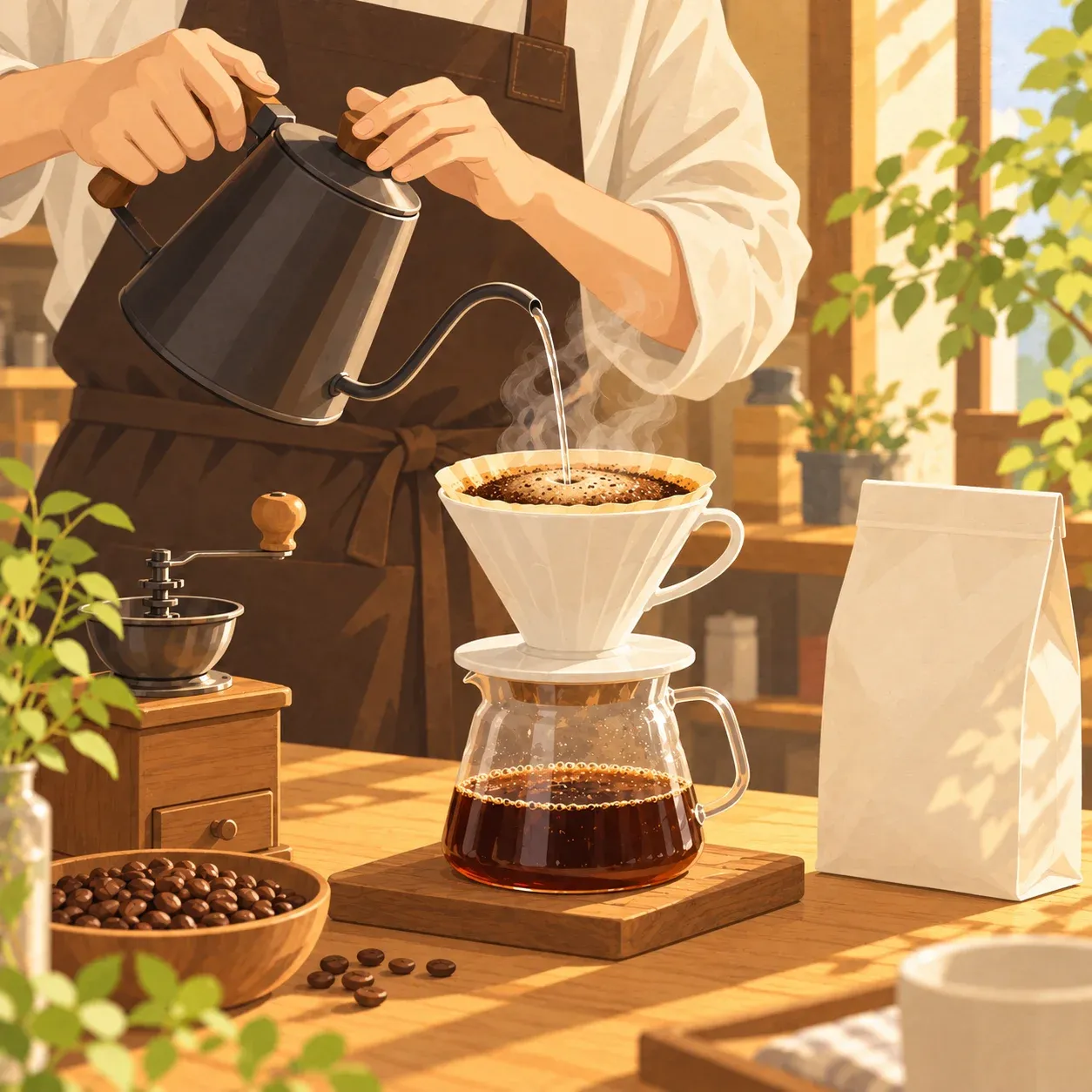 ケトルからドリッパーにお湯を注ぎ、コーヒーを淹れている手元のイラスト